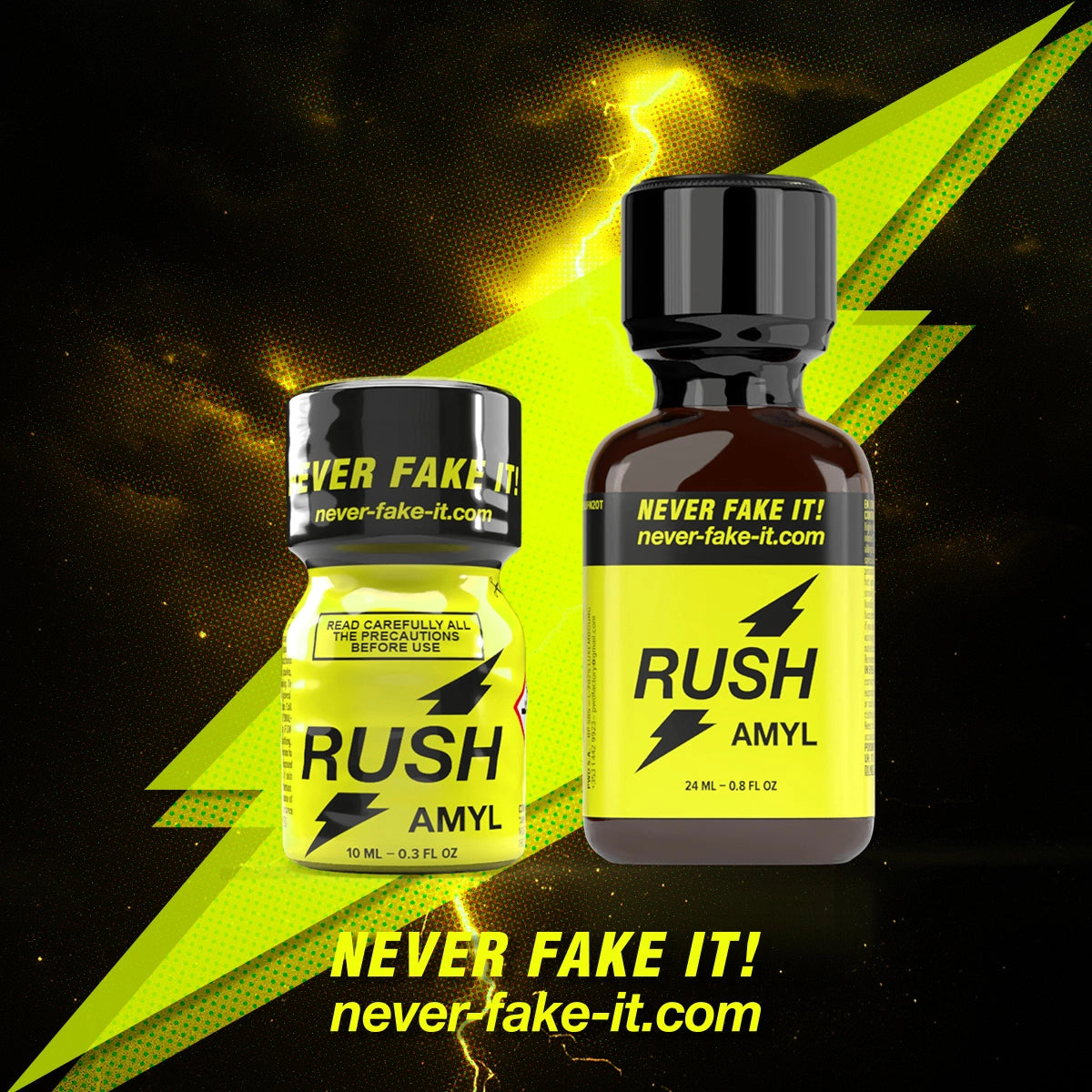 RUSH Lederreiniger Amyl – zwei Flaschen im gelb-schwarzen Design mit Blitzmotiv
