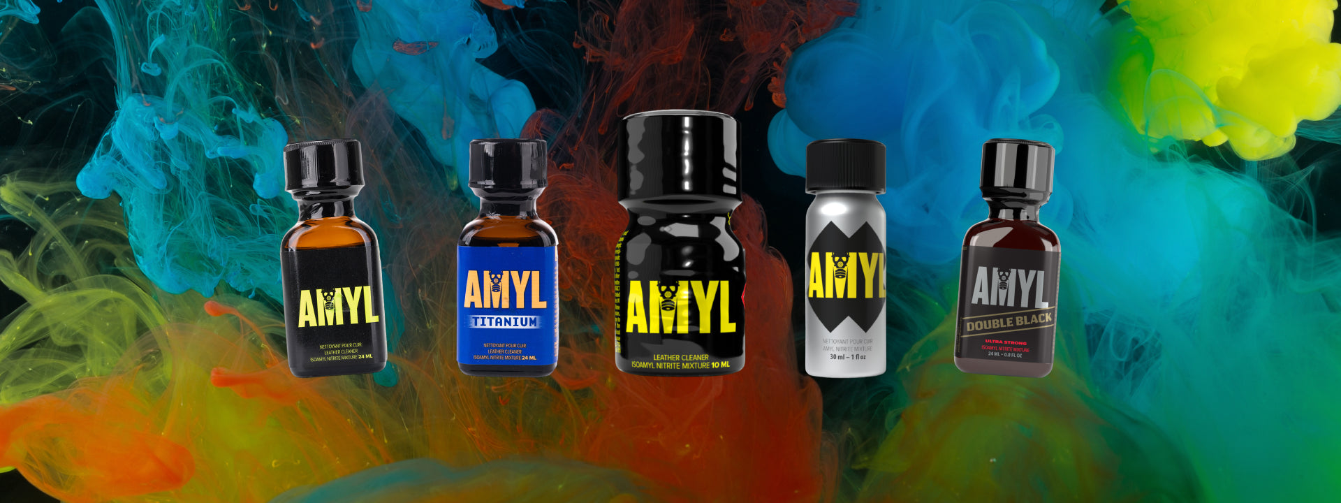 Produktbanner: fünf AMYL-Leather-Cleaner-Fläschchen (Standard, Titanium, Black, 30 ml Silber, Double Black) vor buntem Farbrauch.